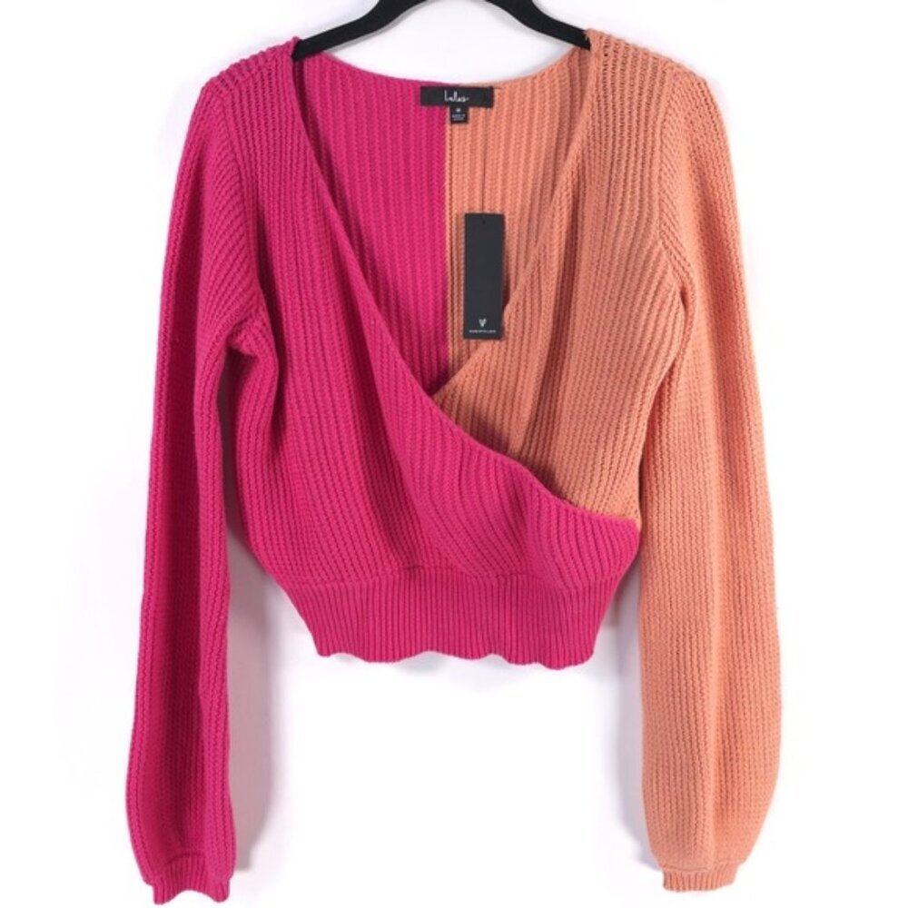 NWT Lulus Double This Pink and Orange Color Block Knit Top Sweater Cotton MEDIUM